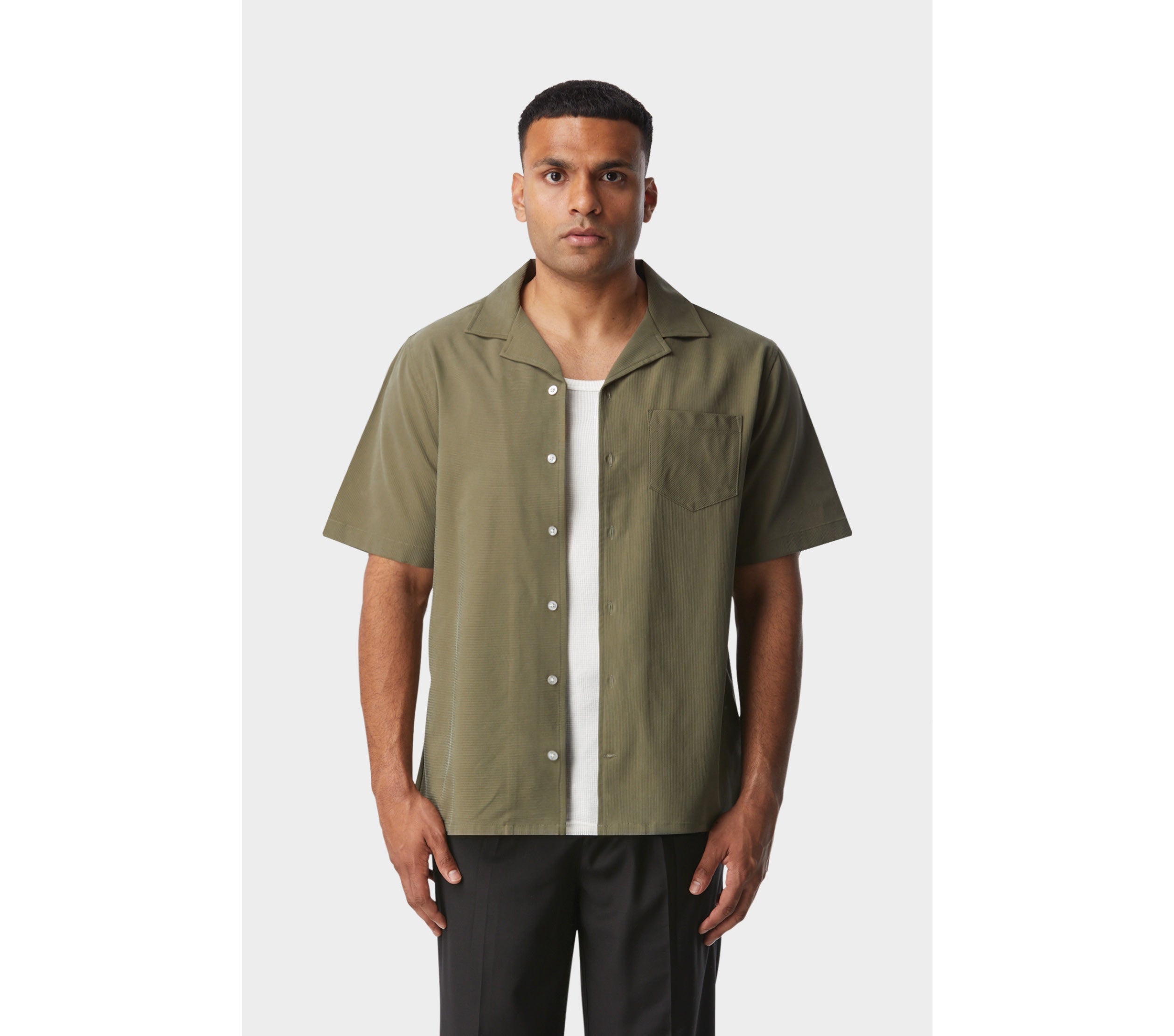 Textured Stripe Cuban Collar SS Shirt - Khaki