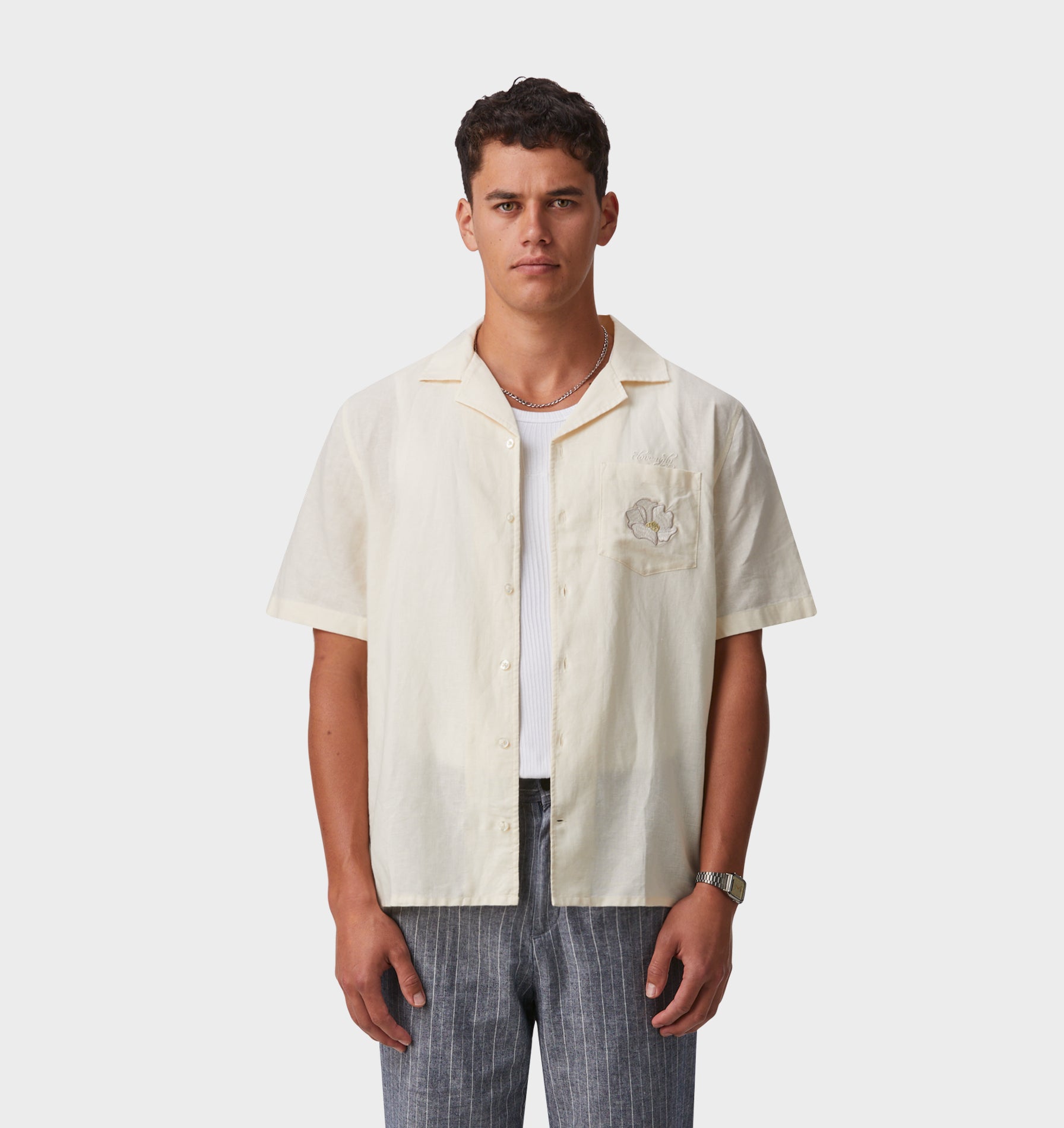 Botanica Linen Cuban Collar SS Shirt - Off White