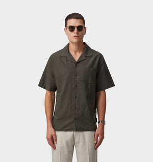 Linen Cuban Collar SS Shirt - Olive