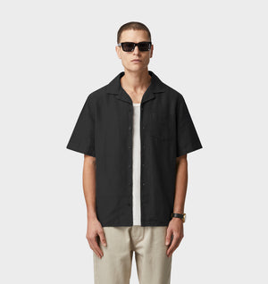 Linen Cuban Collar SS Shirt -Black