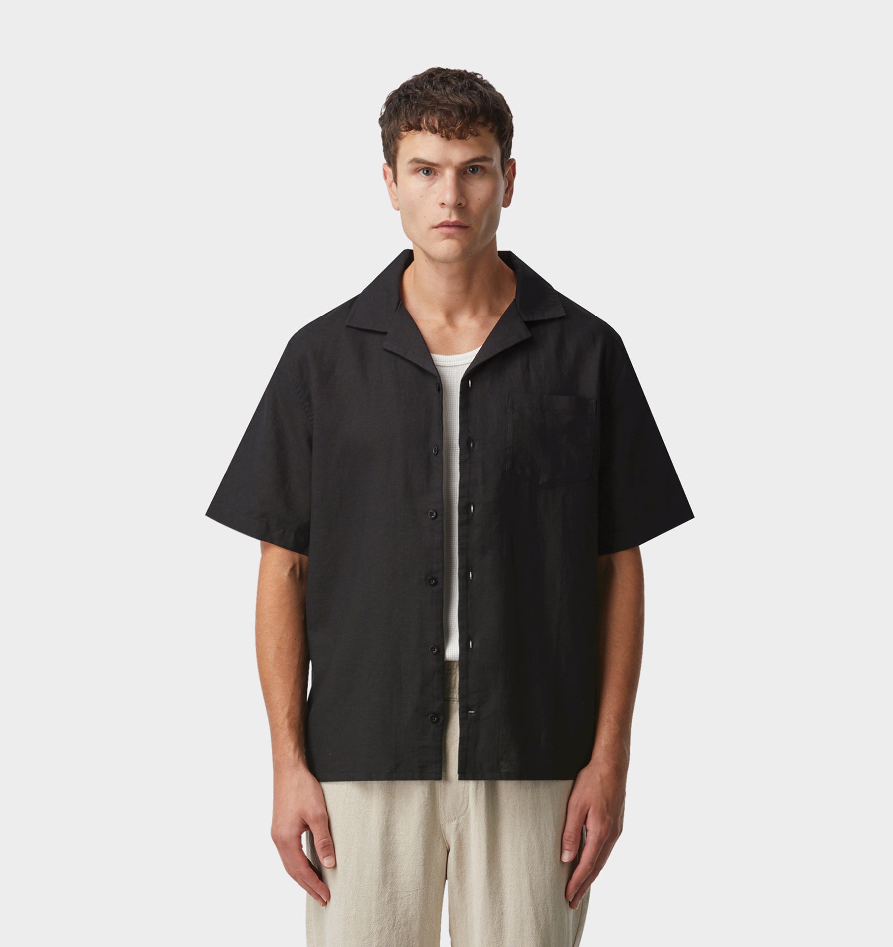 Linen Cuban Collar SS Shirt - Black