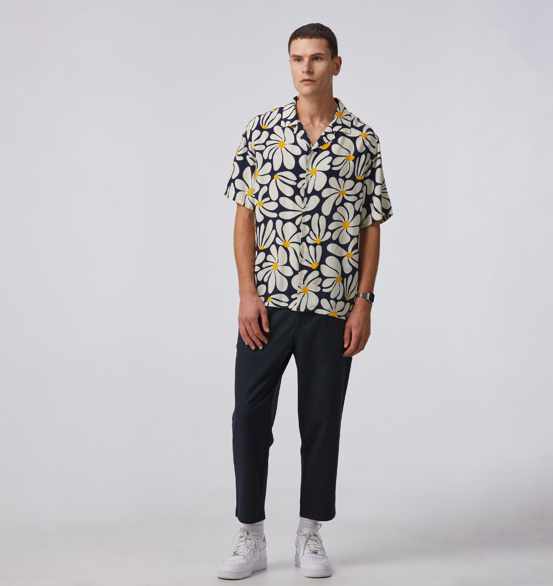 Daisy Cuban Collar Shirt - Navy/Off White