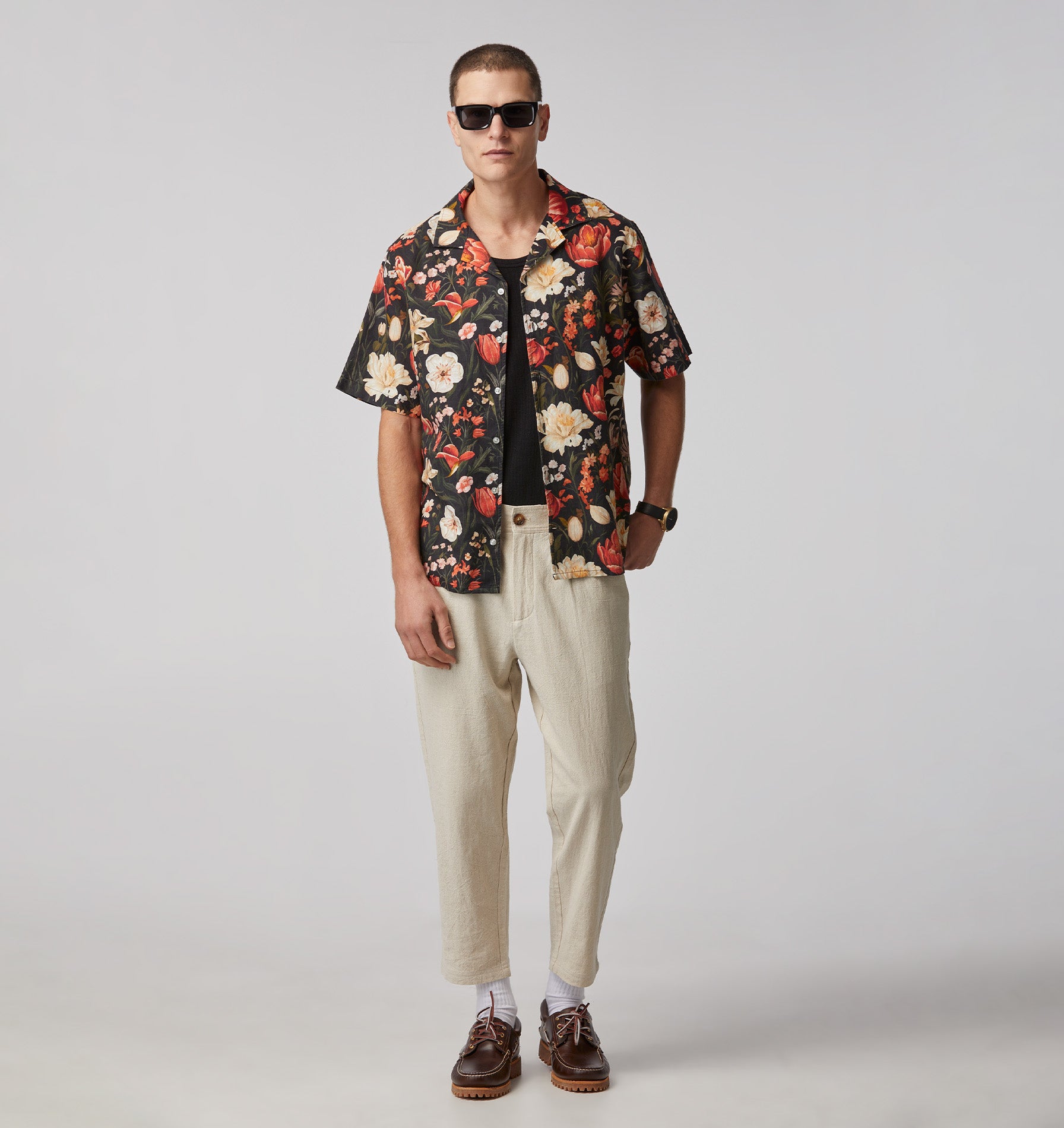 Linen Cuban Collar SS Shirt - Dark Floral