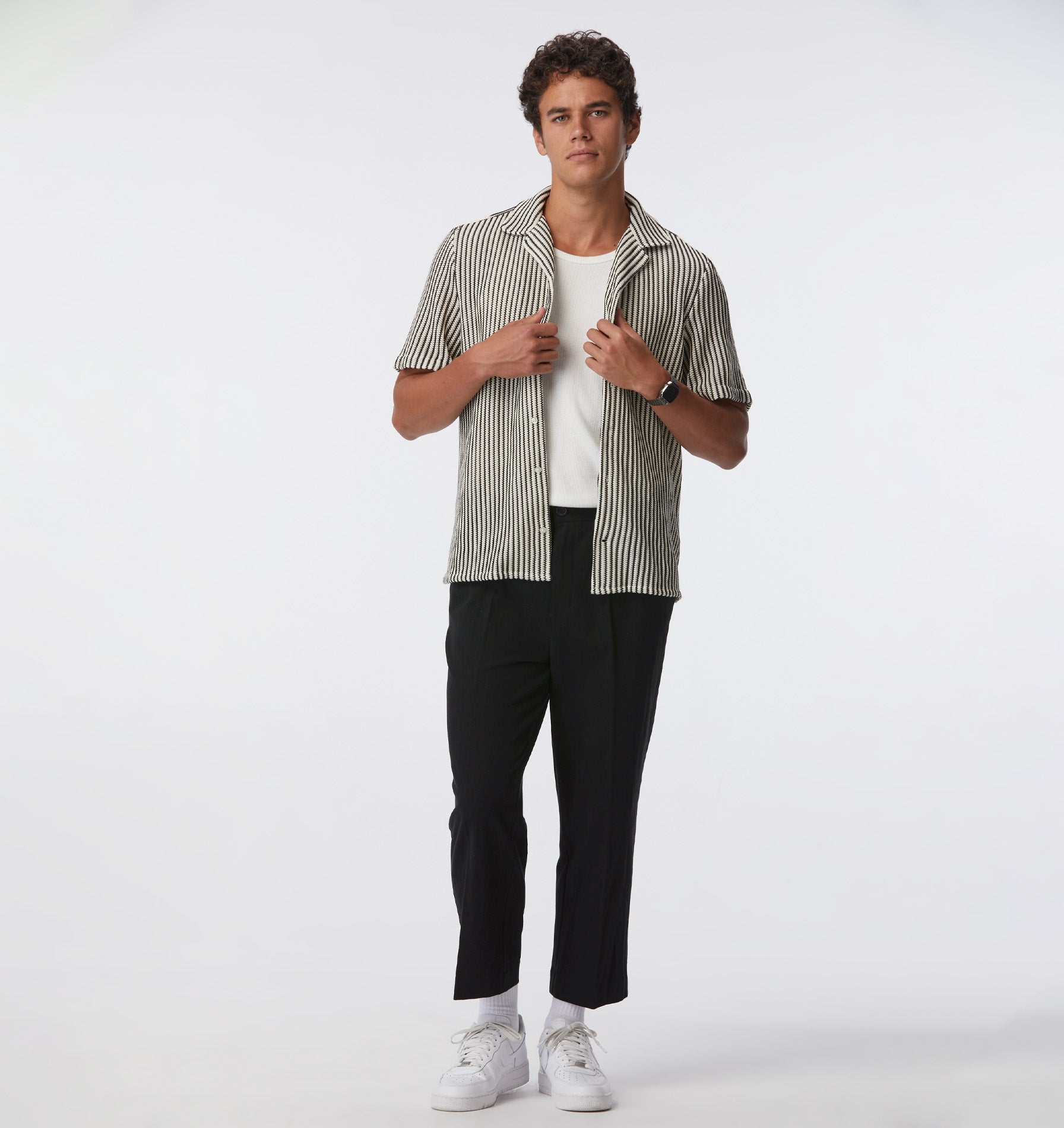 Textured Cuban Collar SS Shirt - Off White/Black