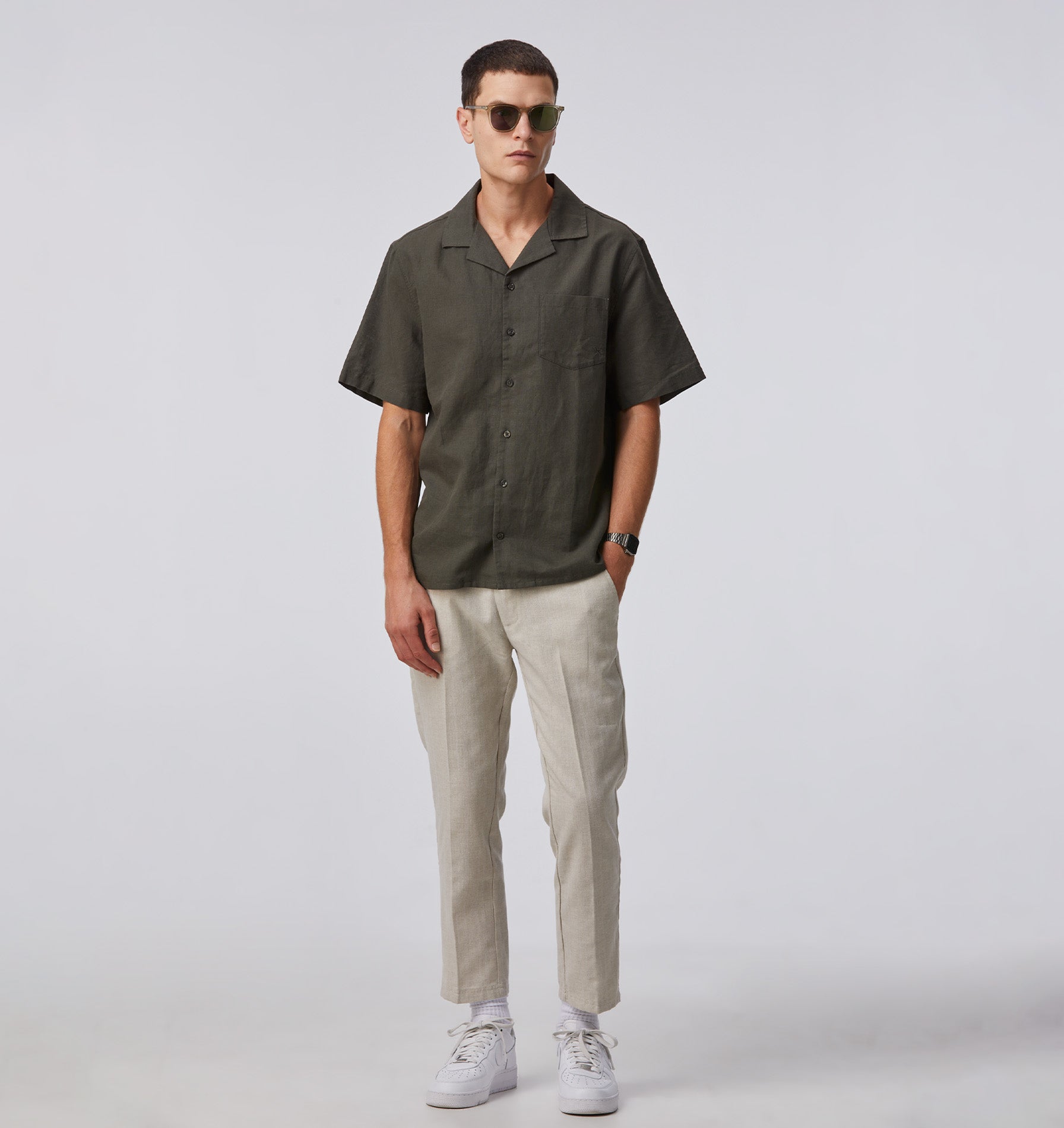 Linen Cuban Collar SS Shirt - Olive