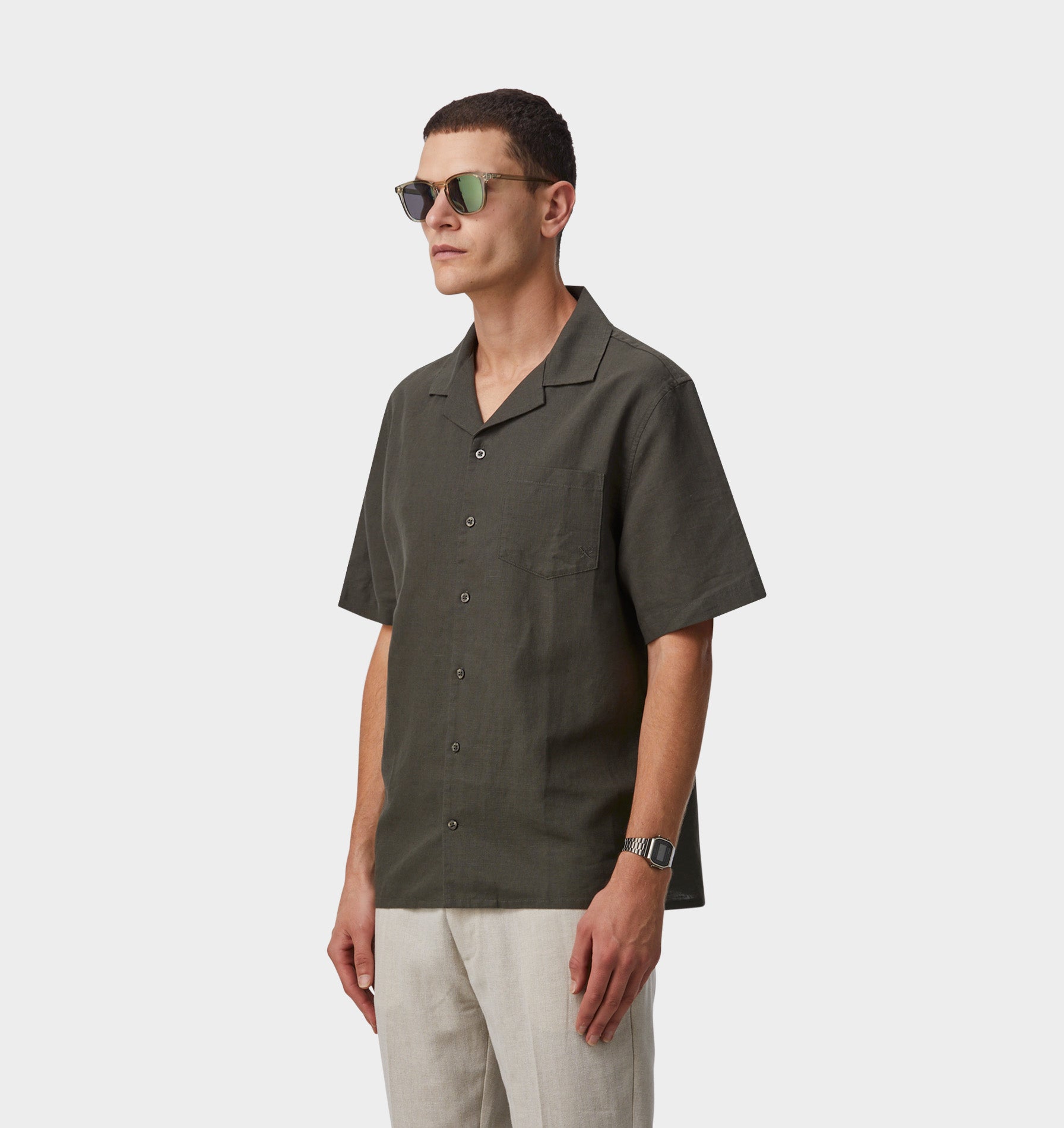 Linen Cuban Collar SS Shirt - Olive