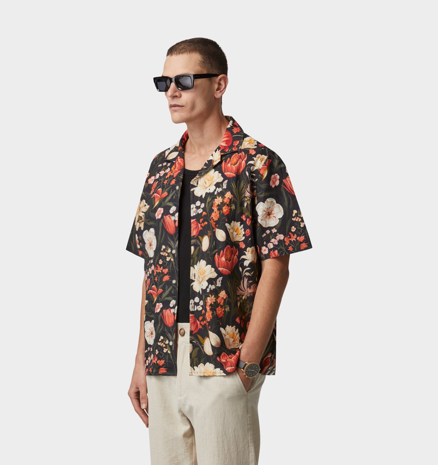 Linen Cuban Collar SS Shirt - Dark Floral