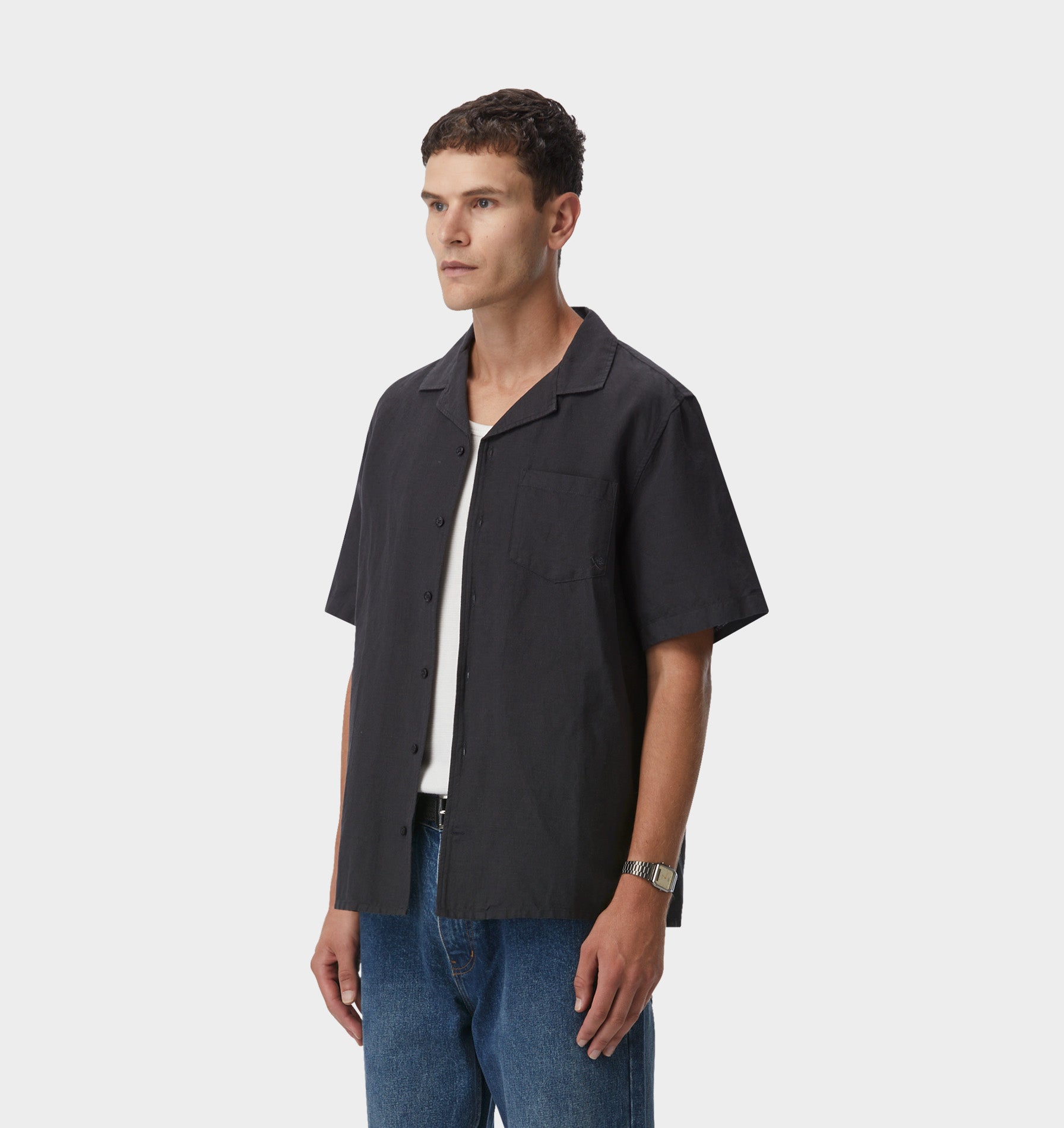 Linen Cuban Collar SS Shirt - Charcoal