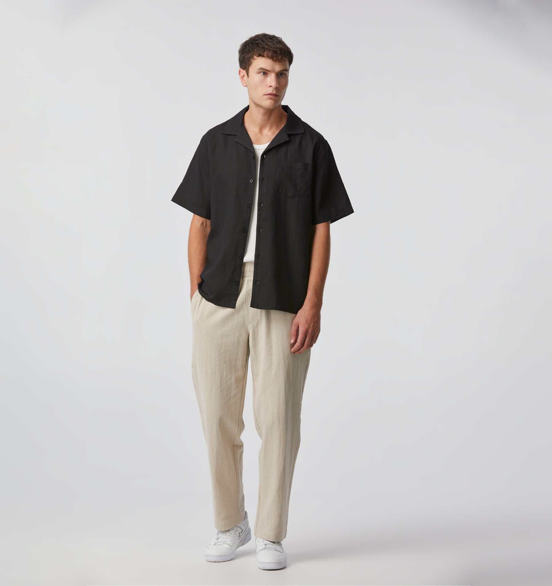 Linen Cuban Collar SS Shirt - Black