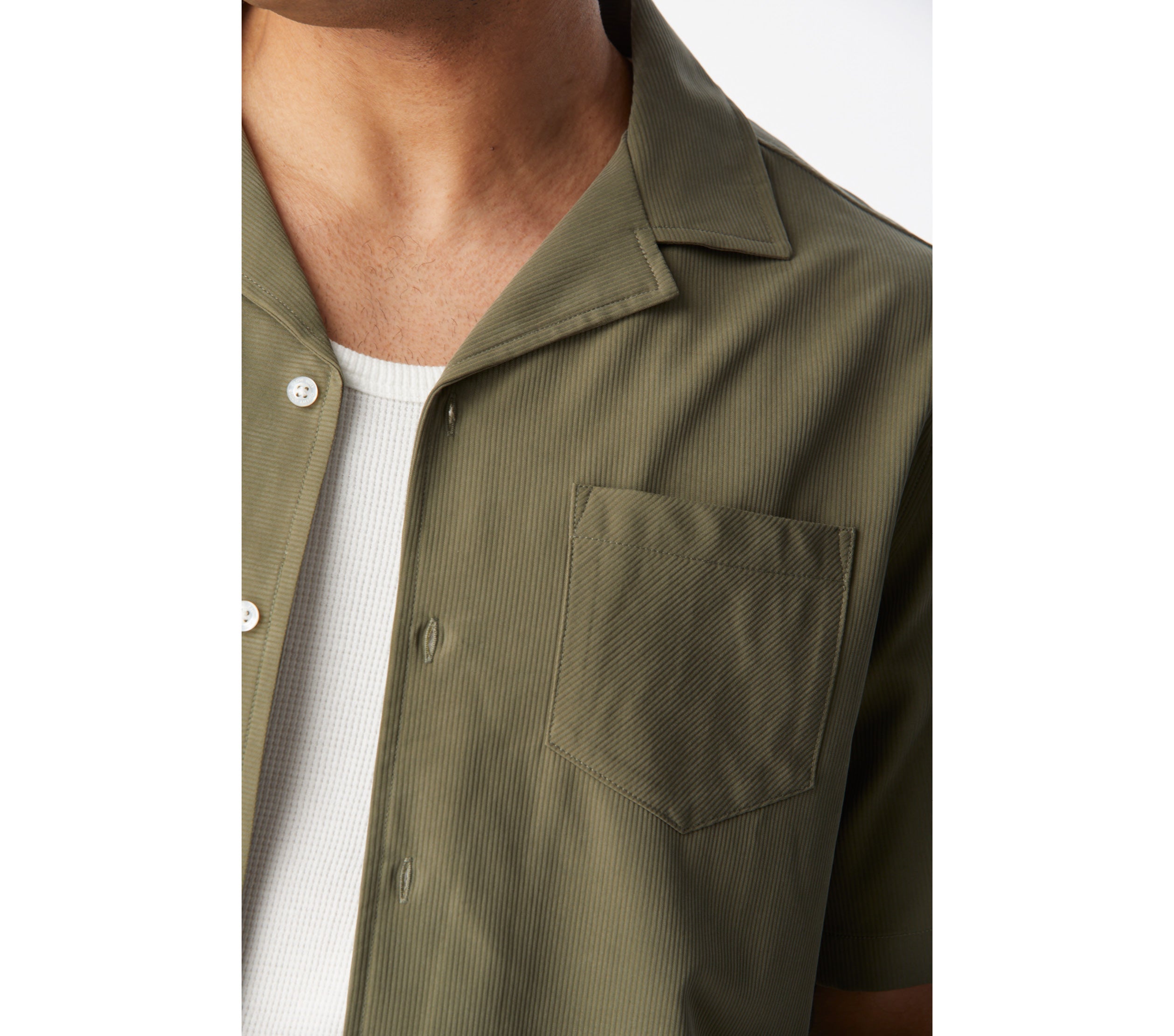 Textured Stripe Cuban Collar SS Shirt - Khaki