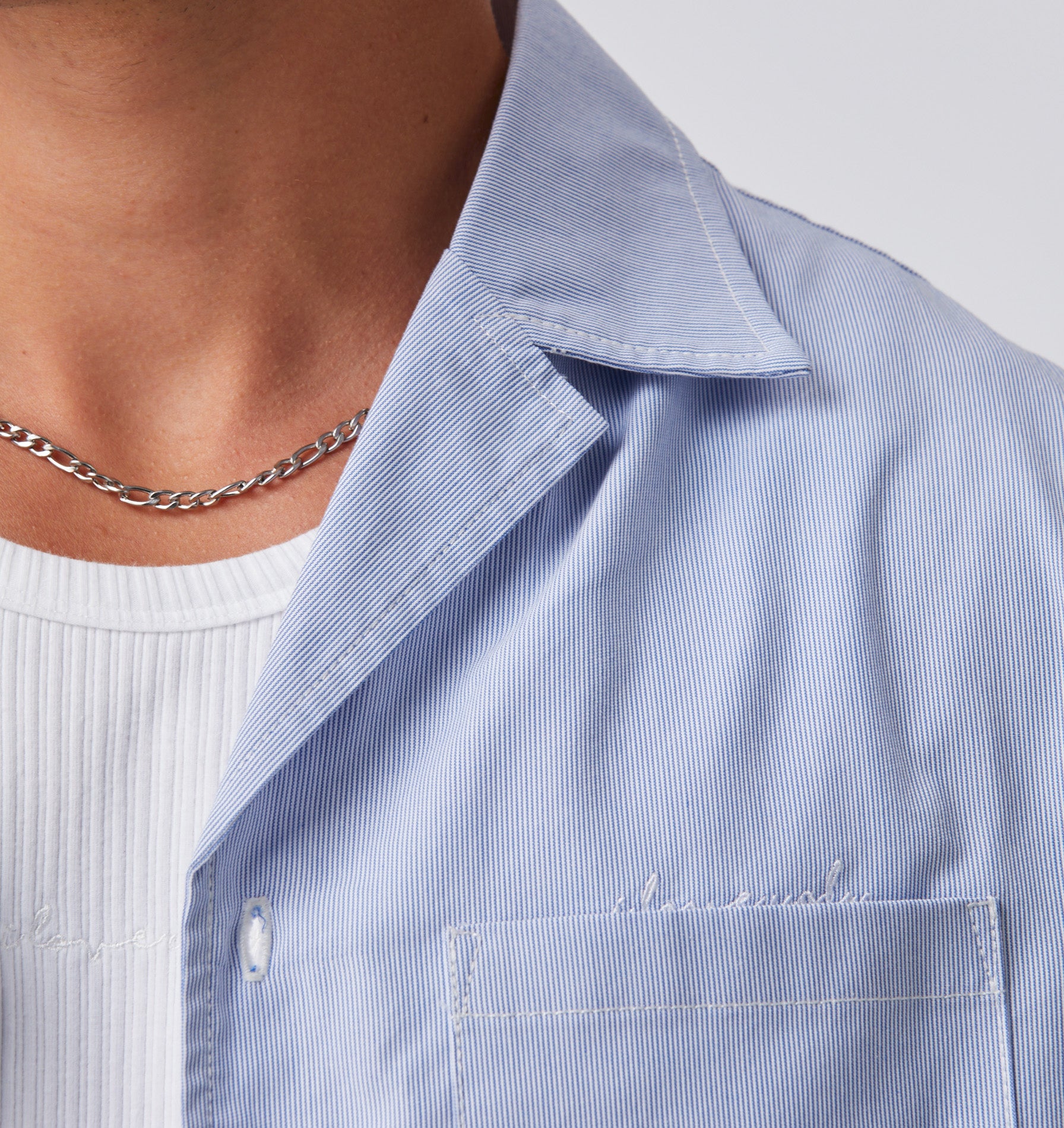 Box Cuban Collar Shirt - Blue/White Stripe