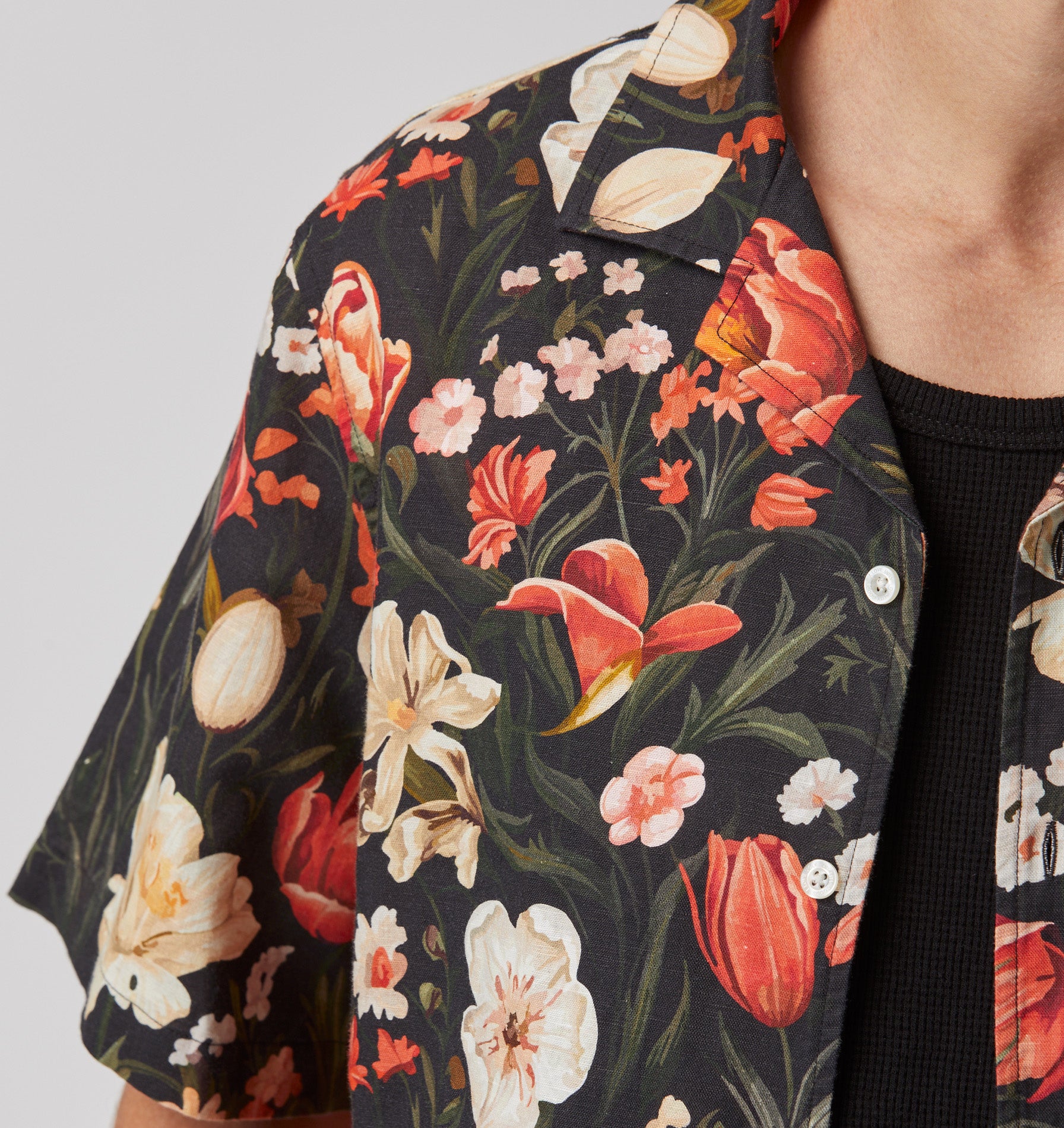 Linen Cuban Collar SS Shirt - Dark Floral